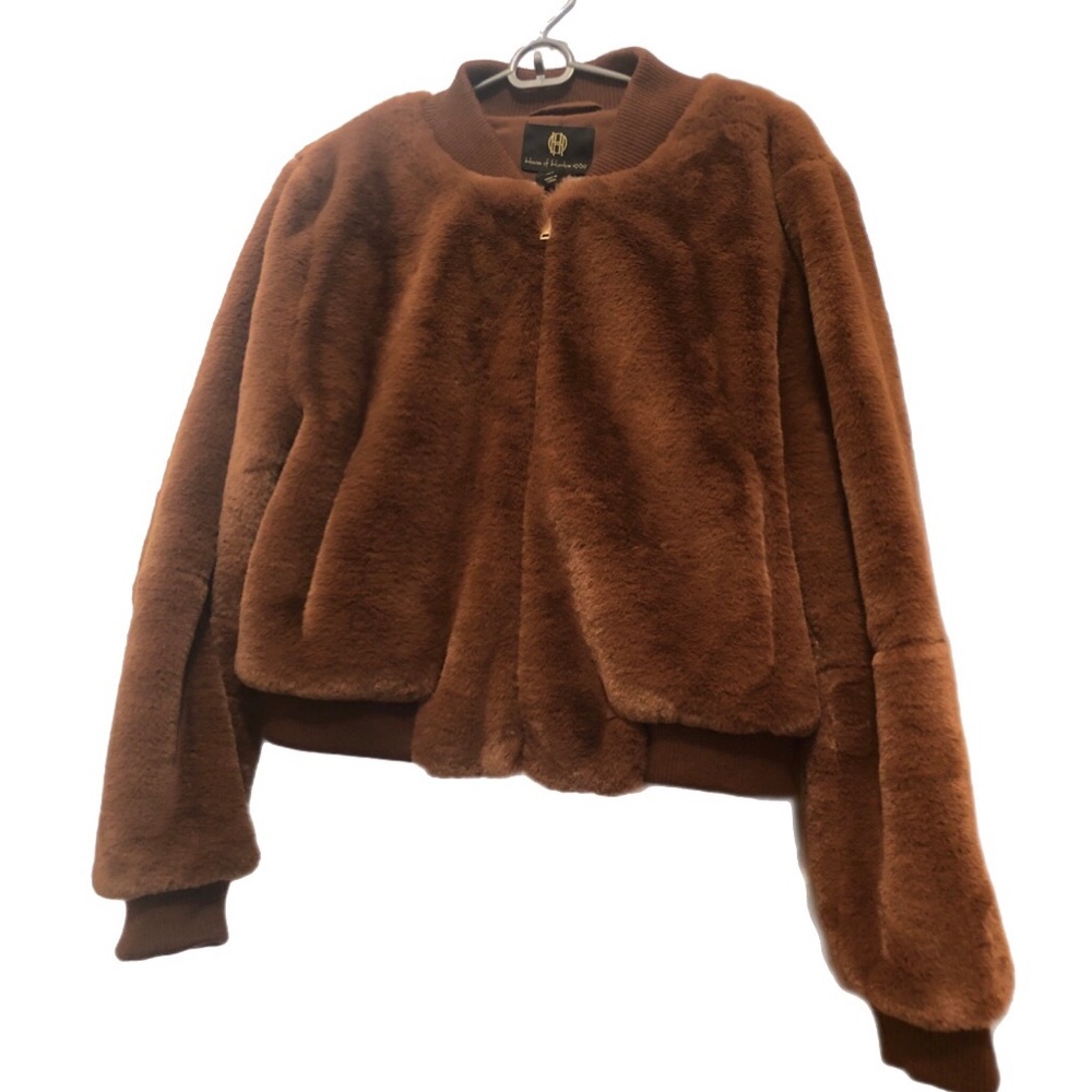 House of Harlow 1960 woman’s brown faux fur bomber jacket Gold zipper NWOT